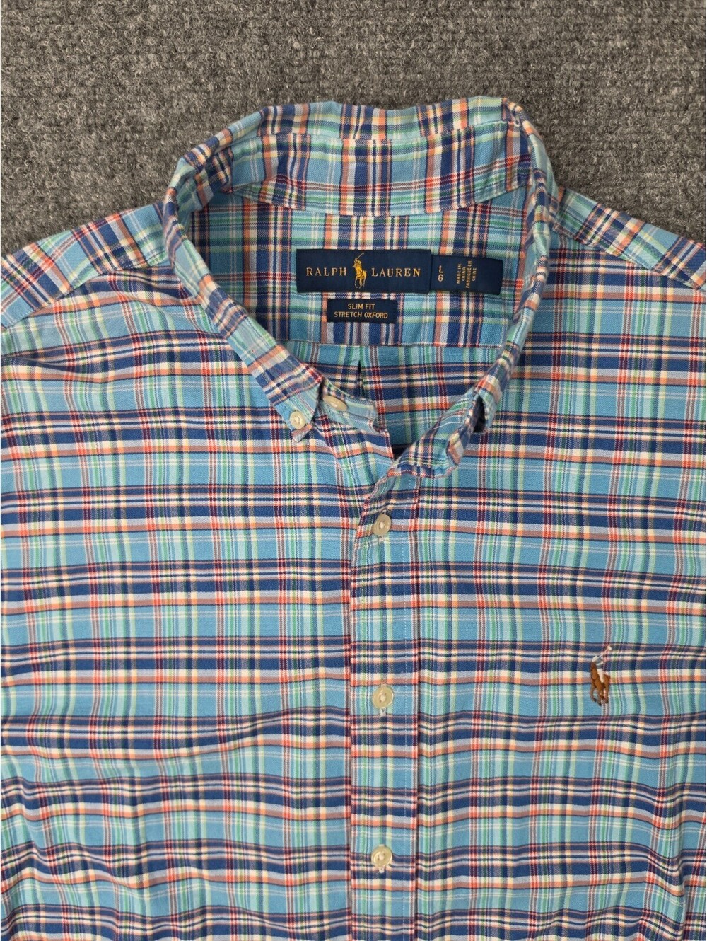 Polo Ralph Lauren Shirt Mens L Slim Fit Stretch Oxford Blue Plaid Pony